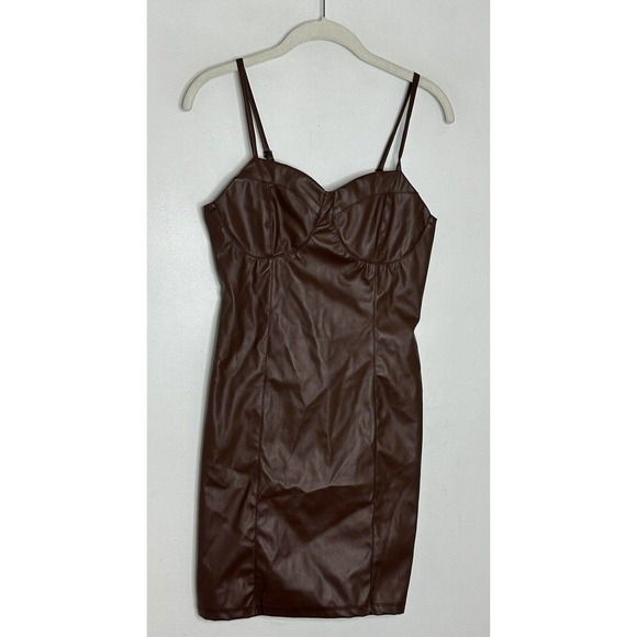 Almost Famous Brown Sweetheart Faux-Leather Mini Dress Size Medium New - Picture 2 of 7